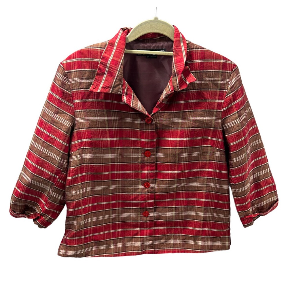 Silkland 100% Silk Blazer Vintage Brown Red Plaid Size 10